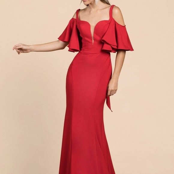 NEW LONG OFF THE SHOULDER TRUMPET DRESS WITH FLARED SLEEVES & DEEP SLIT CD A0079 - Picture 6 of 6